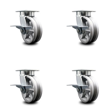 Service Caster 6 Inch Kingpinless V Groove Semi Steel Wheel Swivel Caster Set with Brakes SCC SCC-KP30S620-VGR-SLB-4